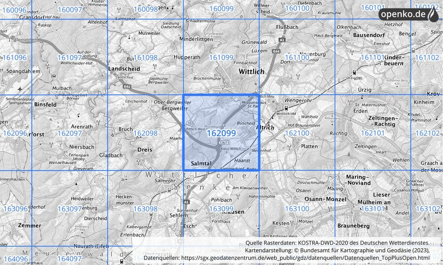 Übersichtskarte des KOSTRA-DWD-2020-Rasterfeldes Nr. 162099