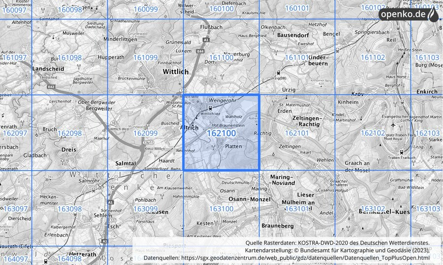 Übersichtskarte des KOSTRA-DWD-2020-Rasterfeldes Nr. 162100