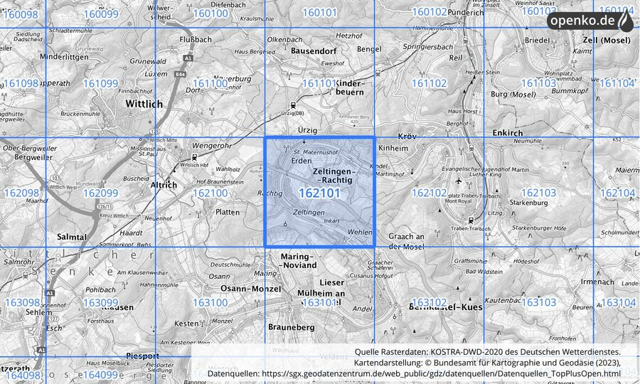 Übersichtskarte des KOSTRA-DWD-2020-Rasterfeldes Nr. 162101