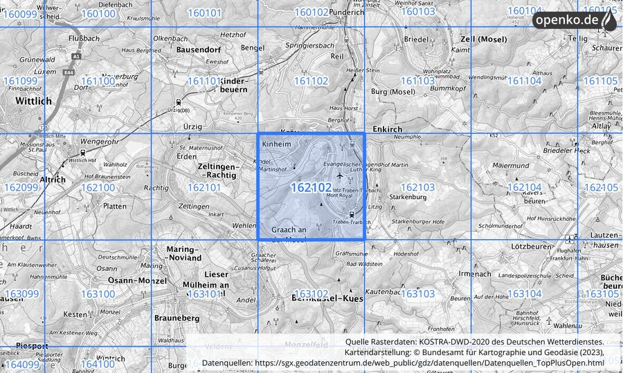 Übersichtskarte des KOSTRA-DWD-2020-Rasterfeldes Nr. 162102