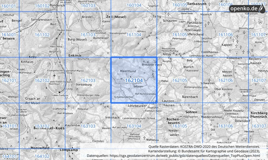 Übersichtskarte des KOSTRA-DWD-2020-Rasterfeldes Nr. 162104