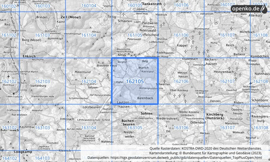 Übersichtskarte des KOSTRA-DWD-2020-Rasterfeldes Nr. 162105