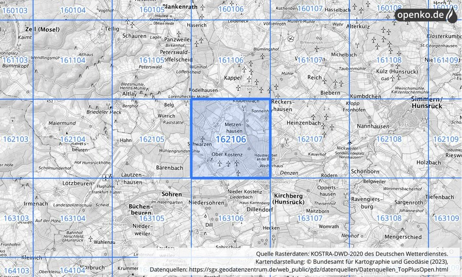 Übersichtskarte des KOSTRA-DWD-2020-Rasterfeldes Nr. 162106