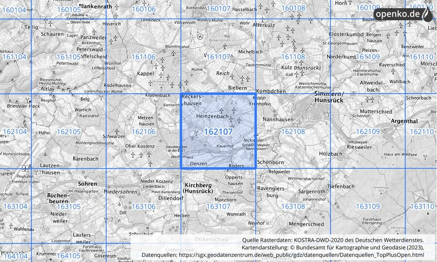 Übersichtskarte des KOSTRA-DWD-2020-Rasterfeldes Nr. 162107