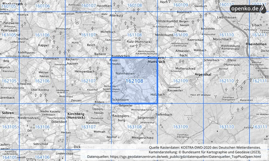 Übersichtskarte des KOSTRA-DWD-2020-Rasterfeldes Nr. 162108