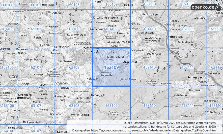 Übersichtskarte des KOSTRA-DWD-2020-Rasterfeldes Nr. 162109