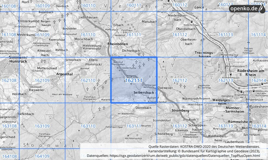 Übersichtskarte des KOSTRA-DWD-2020-Rasterfeldes Nr. 162111