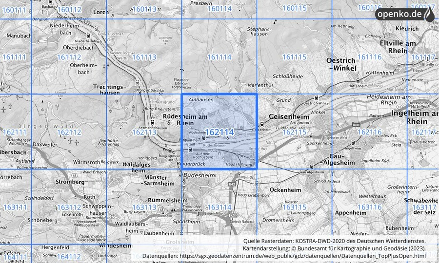 Übersichtskarte des KOSTRA-DWD-2020-Rasterfeldes Nr. 162114