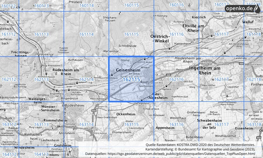 Übersichtskarte des KOSTRA-DWD-2020-Rasterfeldes Nr. 162115