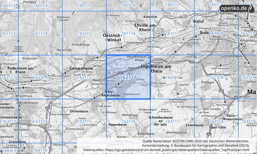 Übersichtskarte des KOSTRA-DWD-2020-Rasterfeldes Nr. 162116