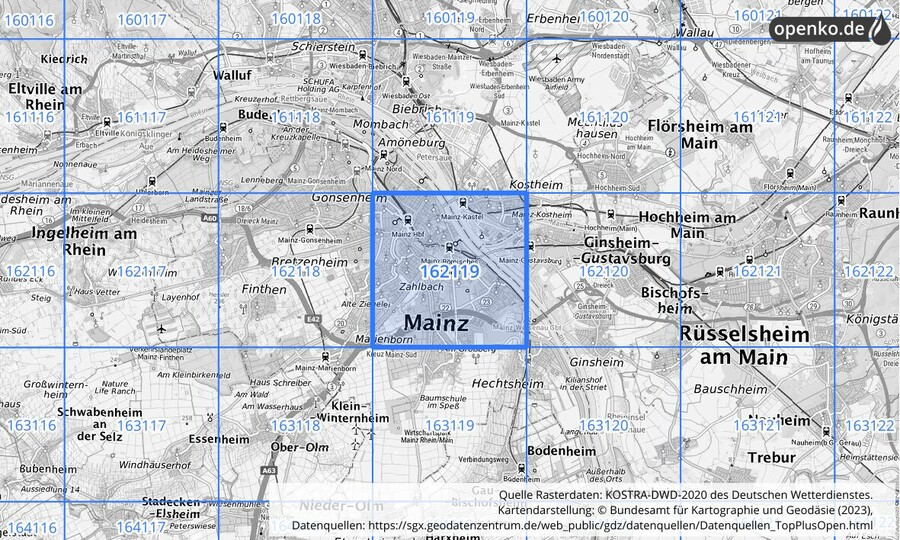 Übersichtskarte des KOSTRA-DWD-2020-Rasterfeldes Nr. 162119