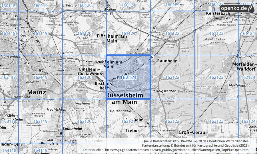 Übersichtskarte des KOSTRA-DWD-2020-Rasterfeldes Nr. 162121