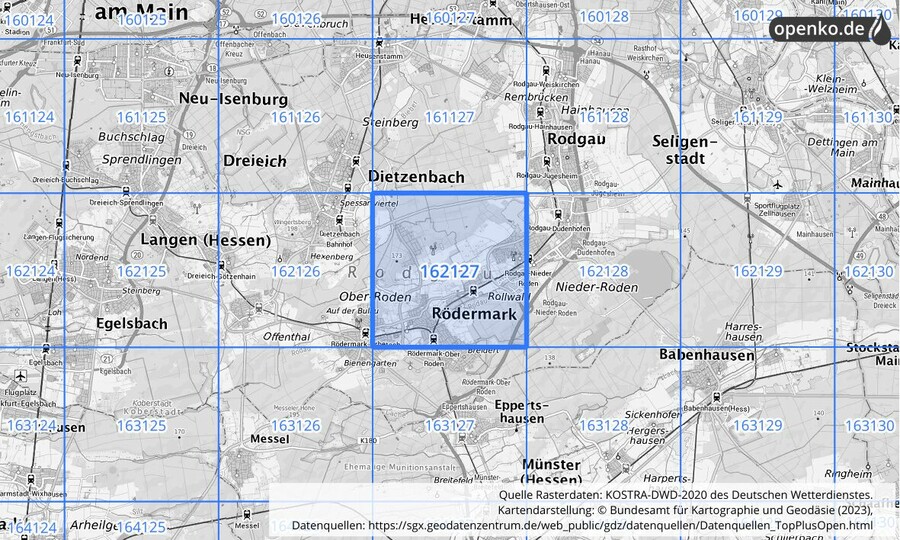 Übersichtskarte des KOSTRA-DWD-2020-Rasterfeldes Nr. 162127