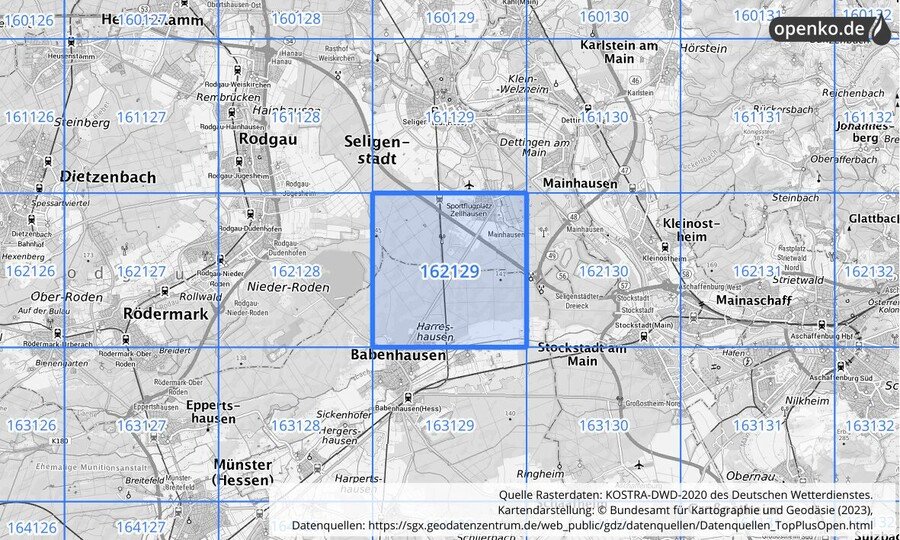 Übersichtskarte des KOSTRA-DWD-2020-Rasterfeldes Nr. 162129