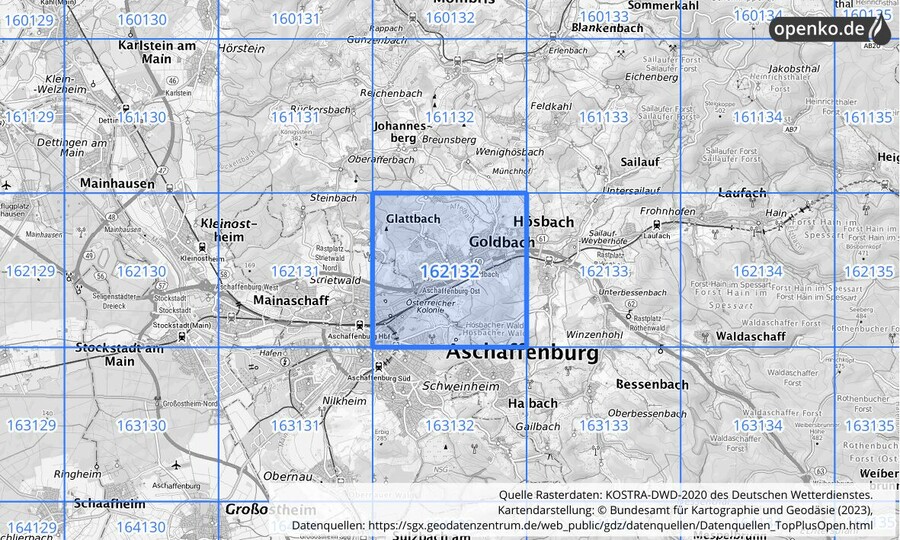 Übersichtskarte des KOSTRA-DWD-2020-Rasterfeldes Nr. 162132