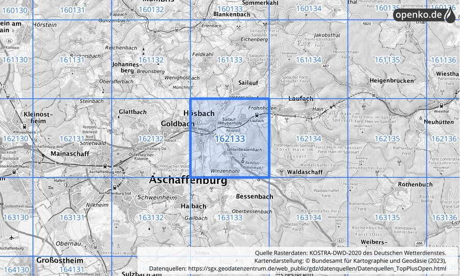 Übersichtskarte des KOSTRA-DWD-2020-Rasterfeldes Nr. 162133