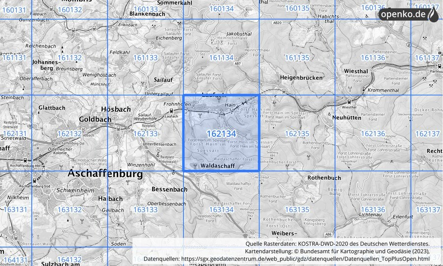 Übersichtskarte des KOSTRA-DWD-2020-Rasterfeldes Nr. 162134