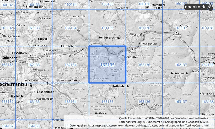 Übersichtskarte des KOSTRA-DWD-2020-Rasterfeldes Nr. 162135