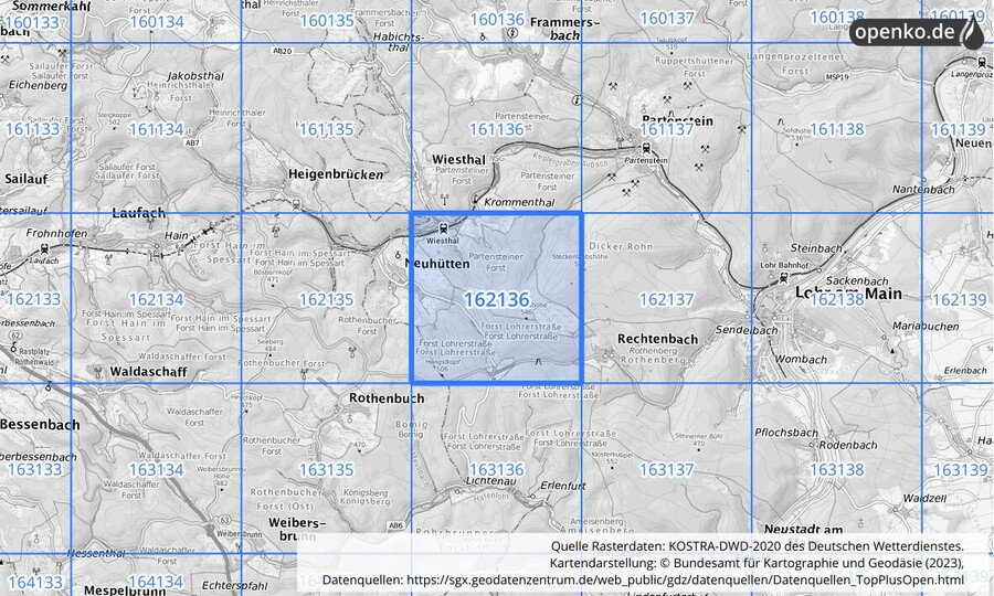Übersichtskarte des KOSTRA-DWD-2020-Rasterfeldes Nr. 162136