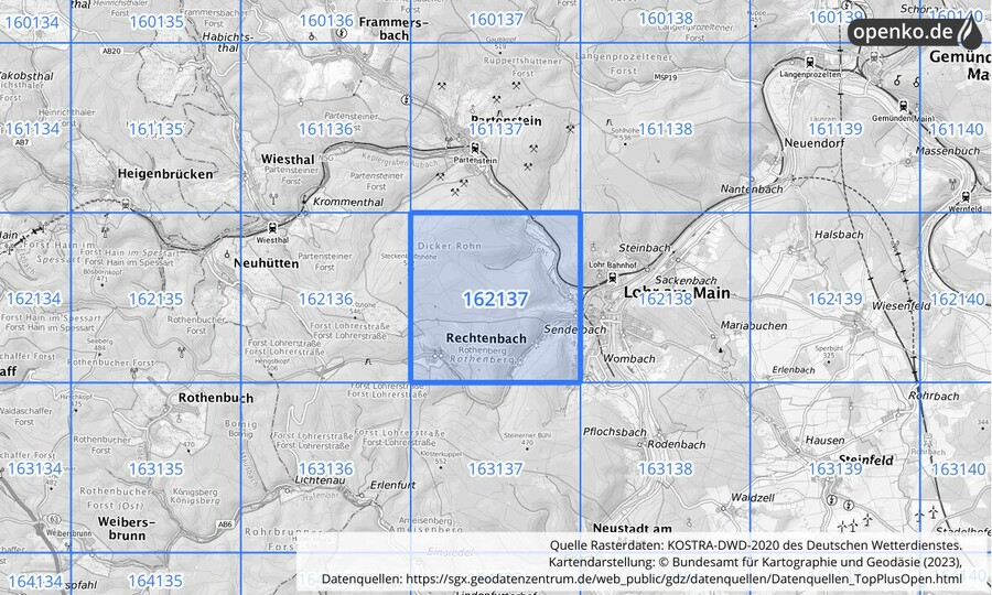 Übersichtskarte des KOSTRA-DWD-2020-Rasterfeldes Nr. 162137