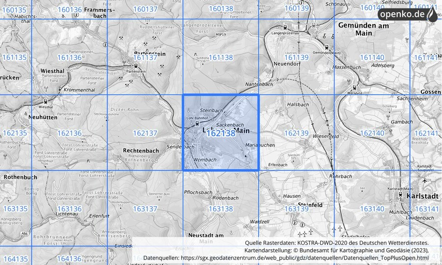 Übersichtskarte des KOSTRA-DWD-2020-Rasterfeldes Nr. 162138