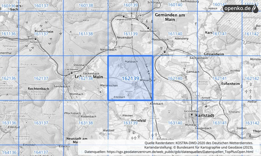 Übersichtskarte des KOSTRA-DWD-2020-Rasterfeldes Nr. 162139