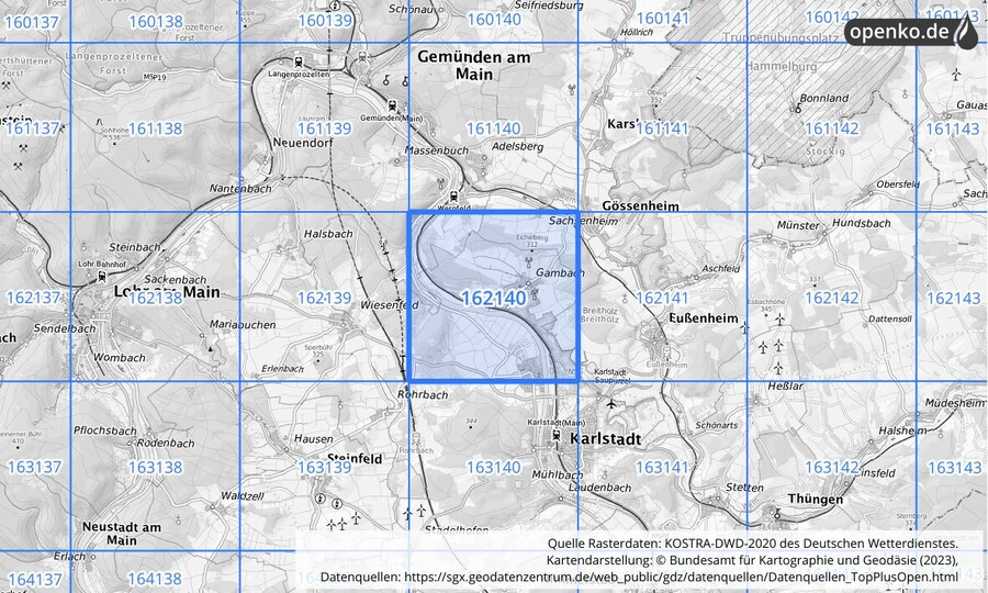 Übersichtskarte des KOSTRA-DWD-2020-Rasterfeldes Nr. 162140