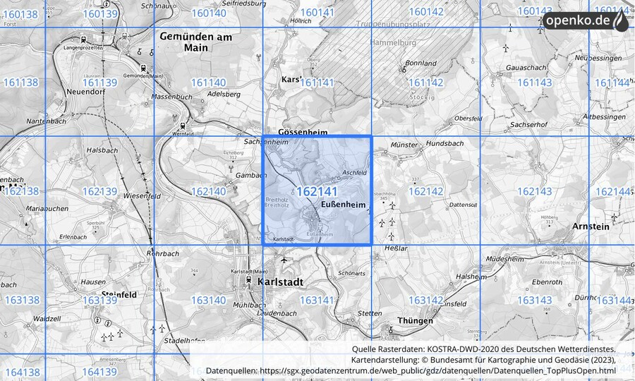 Übersichtskarte des KOSTRA-DWD-2020-Rasterfeldes Nr. 162141