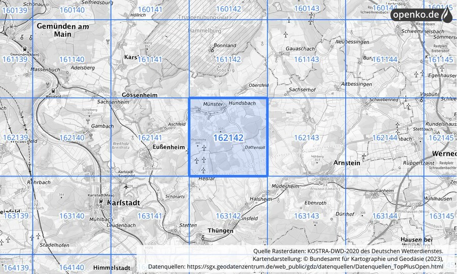 Übersichtskarte des KOSTRA-DWD-2020-Rasterfeldes Nr. 162142