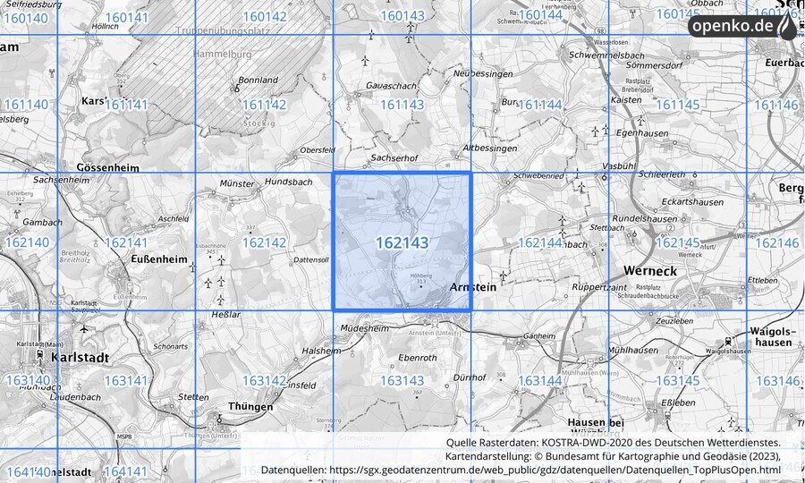 Übersichtskarte des KOSTRA-DWD-2020-Rasterfeldes Nr. 162143