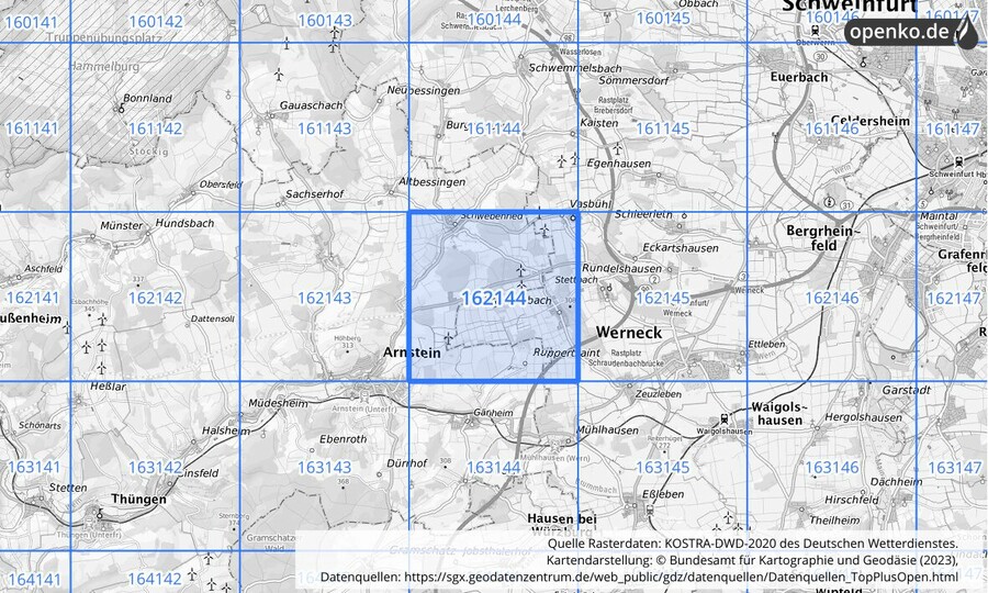 Übersichtskarte des KOSTRA-DWD-2020-Rasterfeldes Nr. 162144