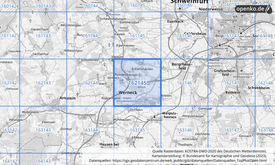 Übersichtskarte des KOSTRA-DWD-2020-Rasterfeldes Nr. 162145