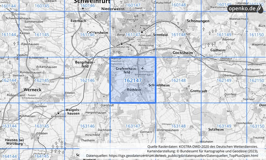 Übersichtskarte des KOSTRA-DWD-2020-Rasterfeldes Nr. 162147