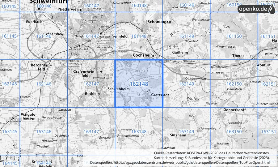 Übersichtskarte des KOSTRA-DWD-2020-Rasterfeldes Nr. 162148