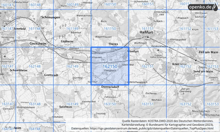 Übersichtskarte des KOSTRA-DWD-2020-Rasterfeldes Nr. 162150