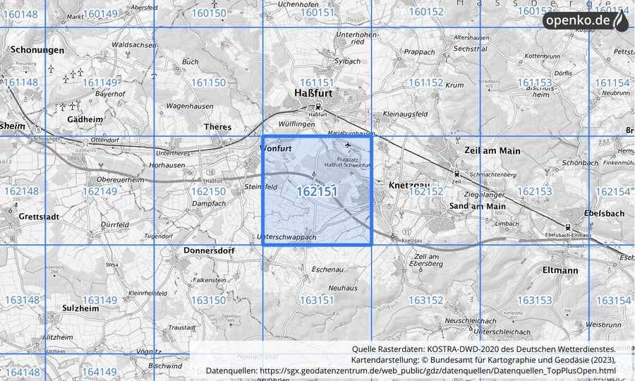 Übersichtskarte des KOSTRA-DWD-2020-Rasterfeldes Nr. 162151