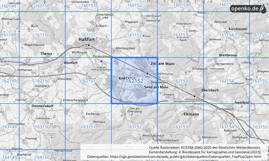 Übersichtskarte des KOSTRA-DWD-2020-Rasterfeldes Nr. 162152