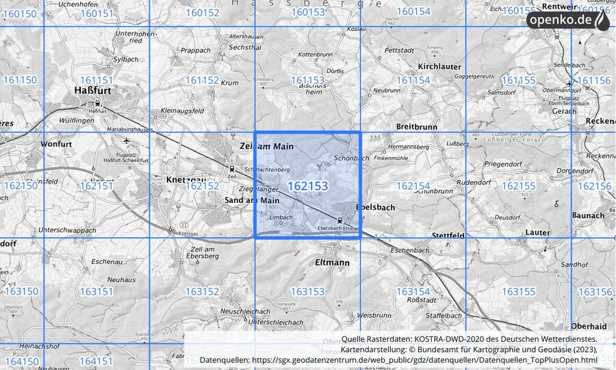 Übersichtskarte des KOSTRA-DWD-2020-Rasterfeldes Nr. 162153