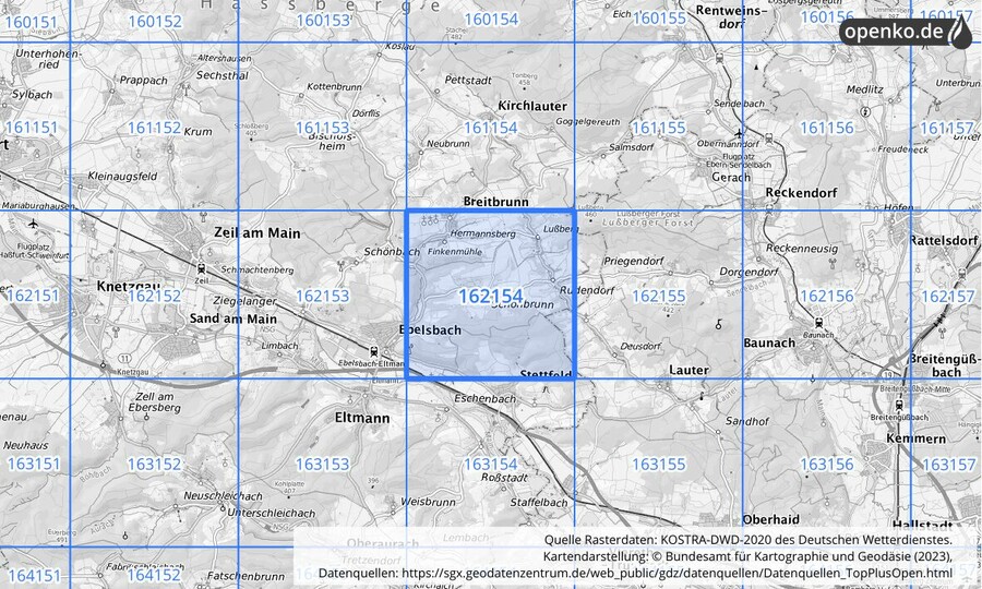 Übersichtskarte des KOSTRA-DWD-2020-Rasterfeldes Nr. 162154