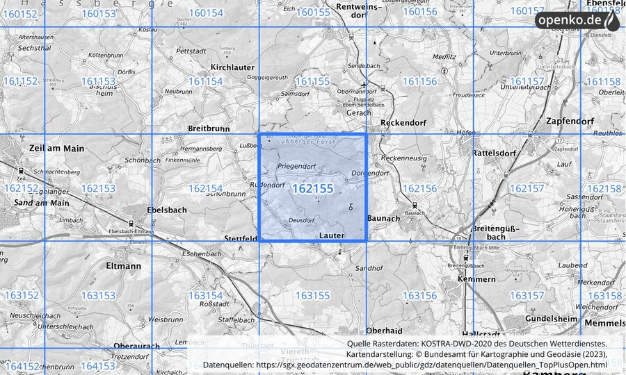 Übersichtskarte des KOSTRA-DWD-2020-Rasterfeldes Nr. 162155