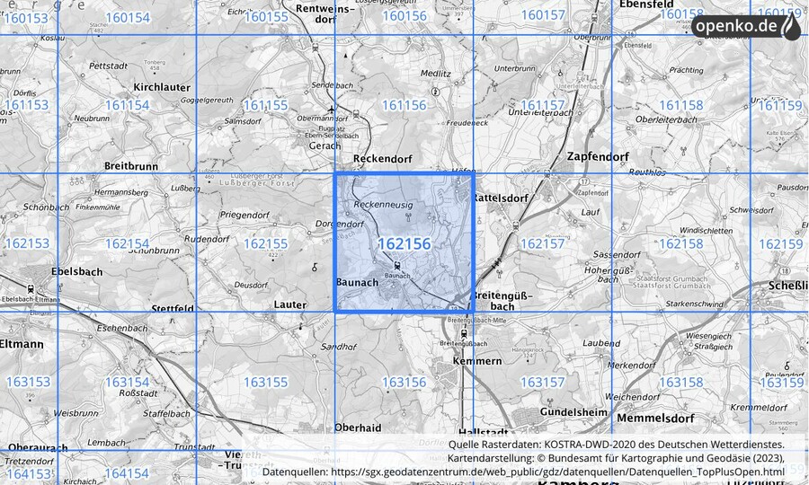 Übersichtskarte des KOSTRA-DWD-2020-Rasterfeldes Nr. 162156