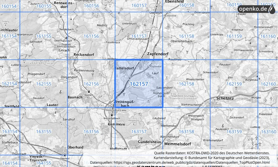 Übersichtskarte des KOSTRA-DWD-2020-Rasterfeldes Nr. 162157