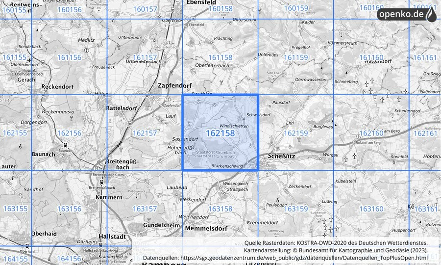 Übersichtskarte des KOSTRA-DWD-2020-Rasterfeldes Nr. 162158