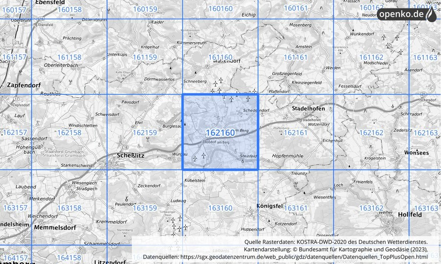 Übersichtskarte des KOSTRA-DWD-2020-Rasterfeldes Nr. 162160
