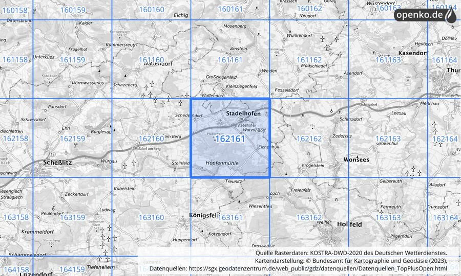 Übersichtskarte des KOSTRA-DWD-2020-Rasterfeldes Nr. 162161