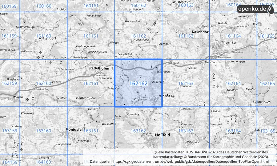 Übersichtskarte des KOSTRA-DWD-2020-Rasterfeldes Nr. 162162