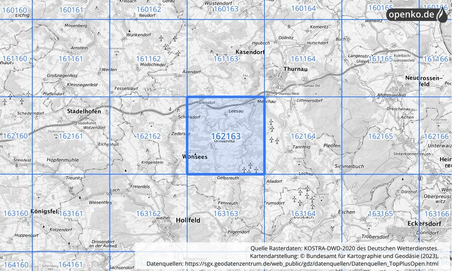 Übersichtskarte des KOSTRA-DWD-2020-Rasterfeldes Nr. 162163