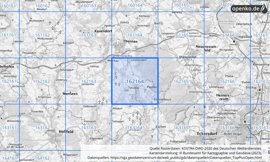 Übersichtskarte des KOSTRA-DWD-2020-Rasterfeldes Nr. 162164