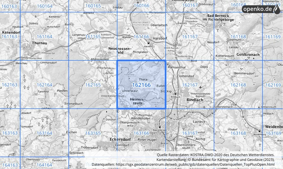 Übersichtskarte des KOSTRA-DWD-2020-Rasterfeldes Nr. 162166