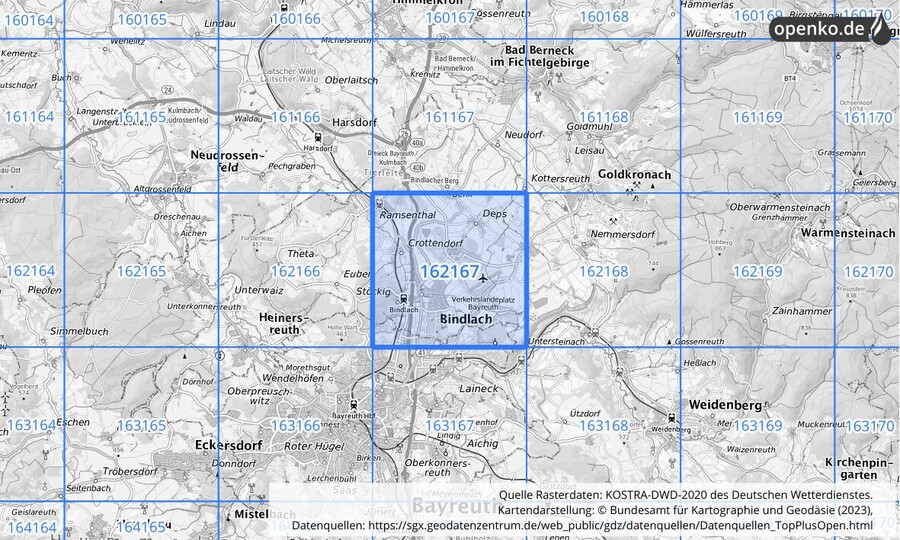 Übersichtskarte des KOSTRA-DWD-2020-Rasterfeldes Nr. 162167